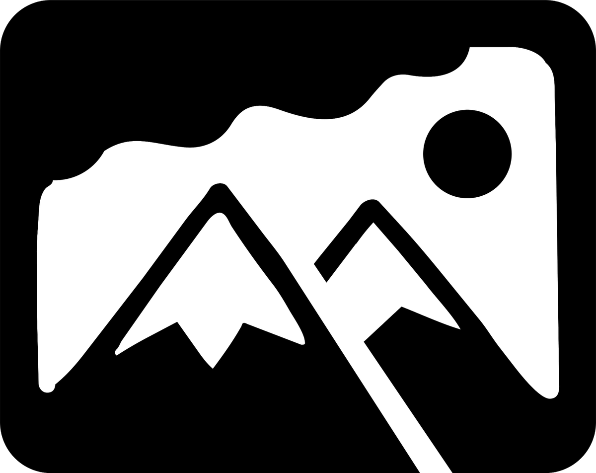 Black and white icon of mountains with a sun on a black background